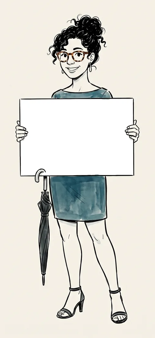A woman holding a sign: Bus exchange, next door