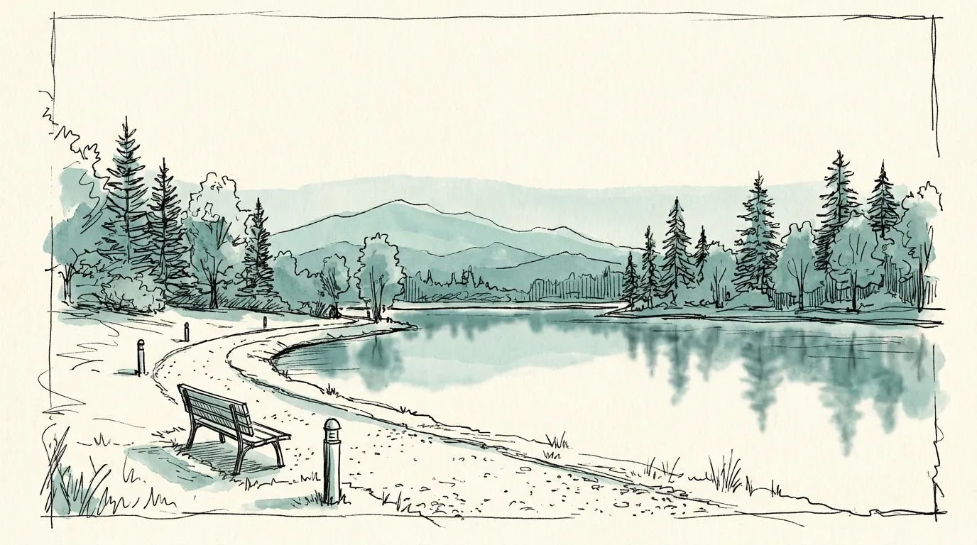 Lafarge Lake at dusk, with a path and a bench