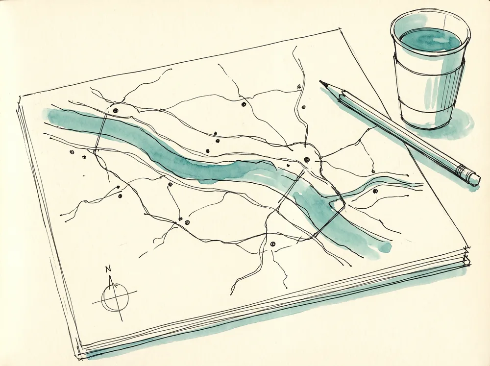 Hand-drawn map of towns, roads and a river