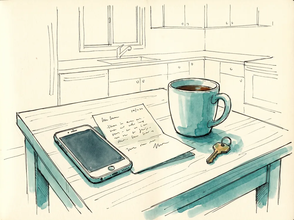 Phone, handwritten note and tea on a kitchen table