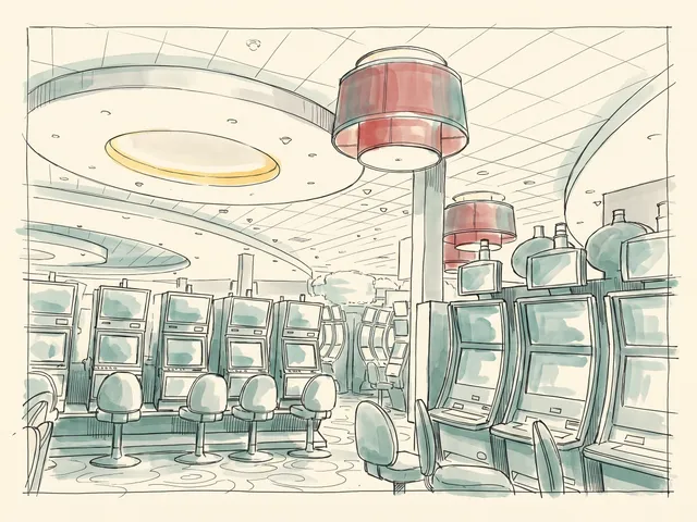 Slot aisle under red lamp shades at Starlight Casino